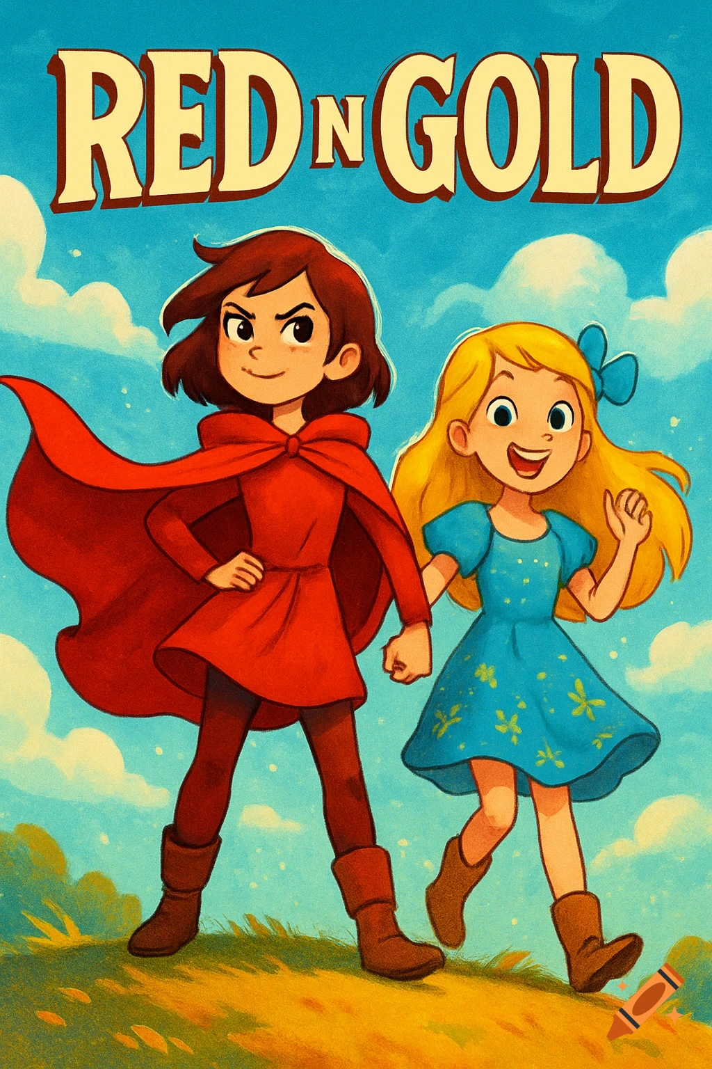 A cartoon poster showing a girl in a red cloak with a determined look, standing next to a smiling blonde girl in a blue dress. Text reads 'RED N GOLD'.