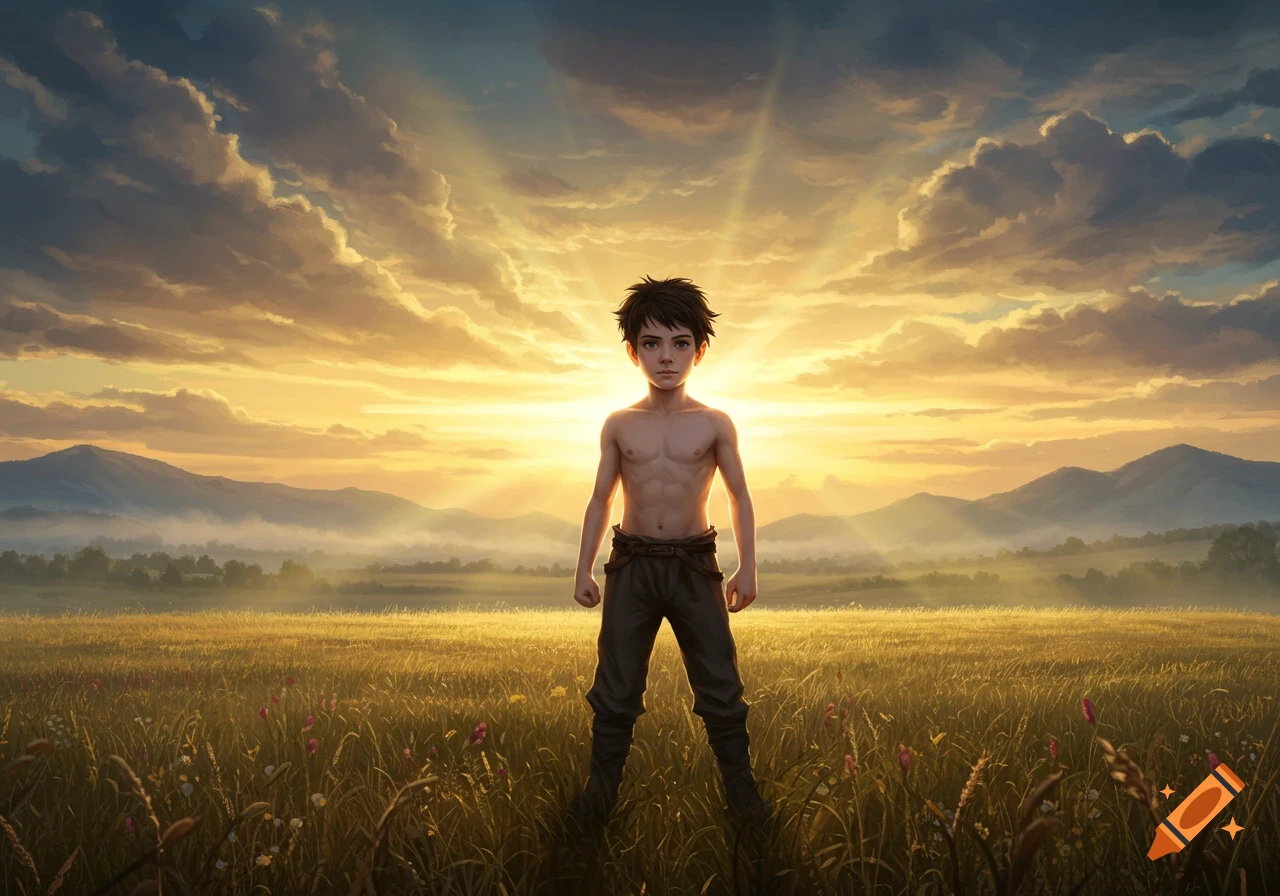 A shirtless boy stands in a golden field with mountains under a dramatic sunset sky, depicted in a digital art style.