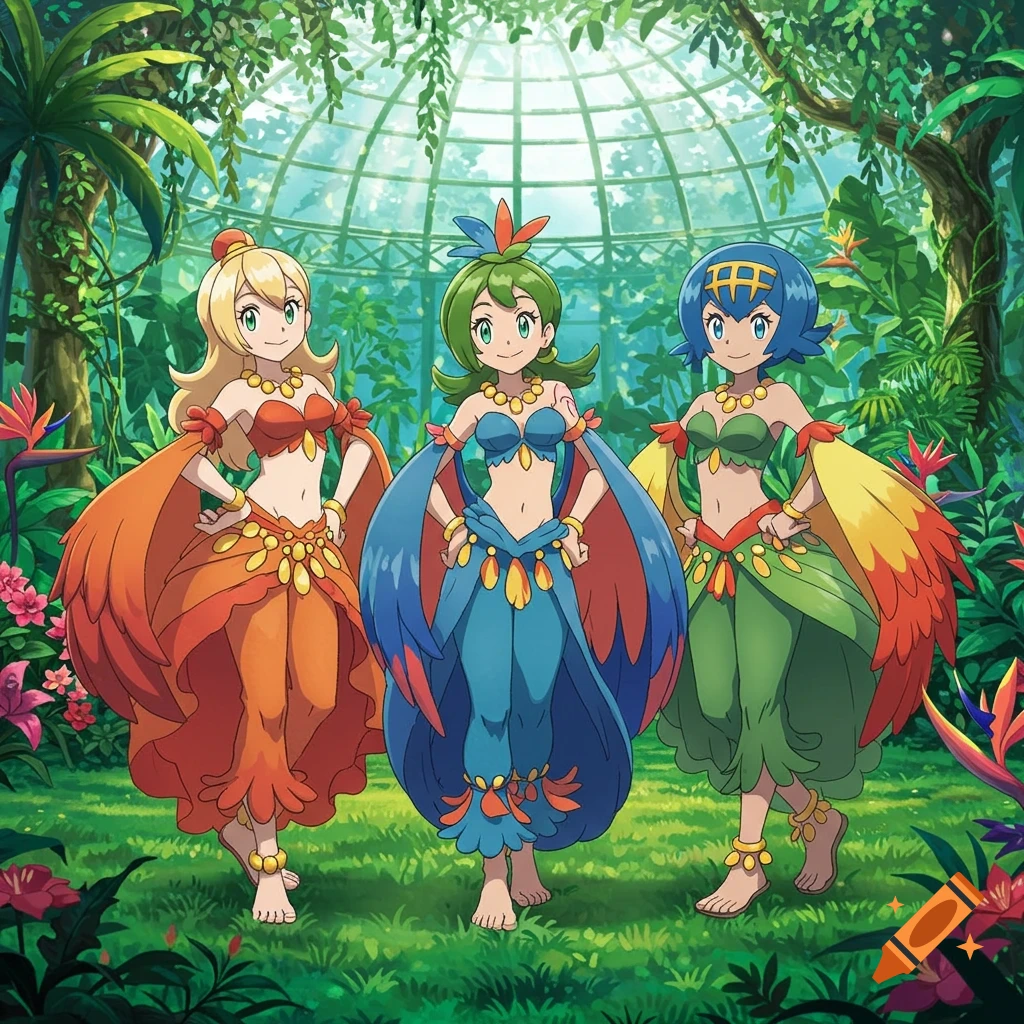 Three female Pokémon characters in colorful bird-of-paradise themed outfits, standing in a lush tropical greenhouse in anime style.