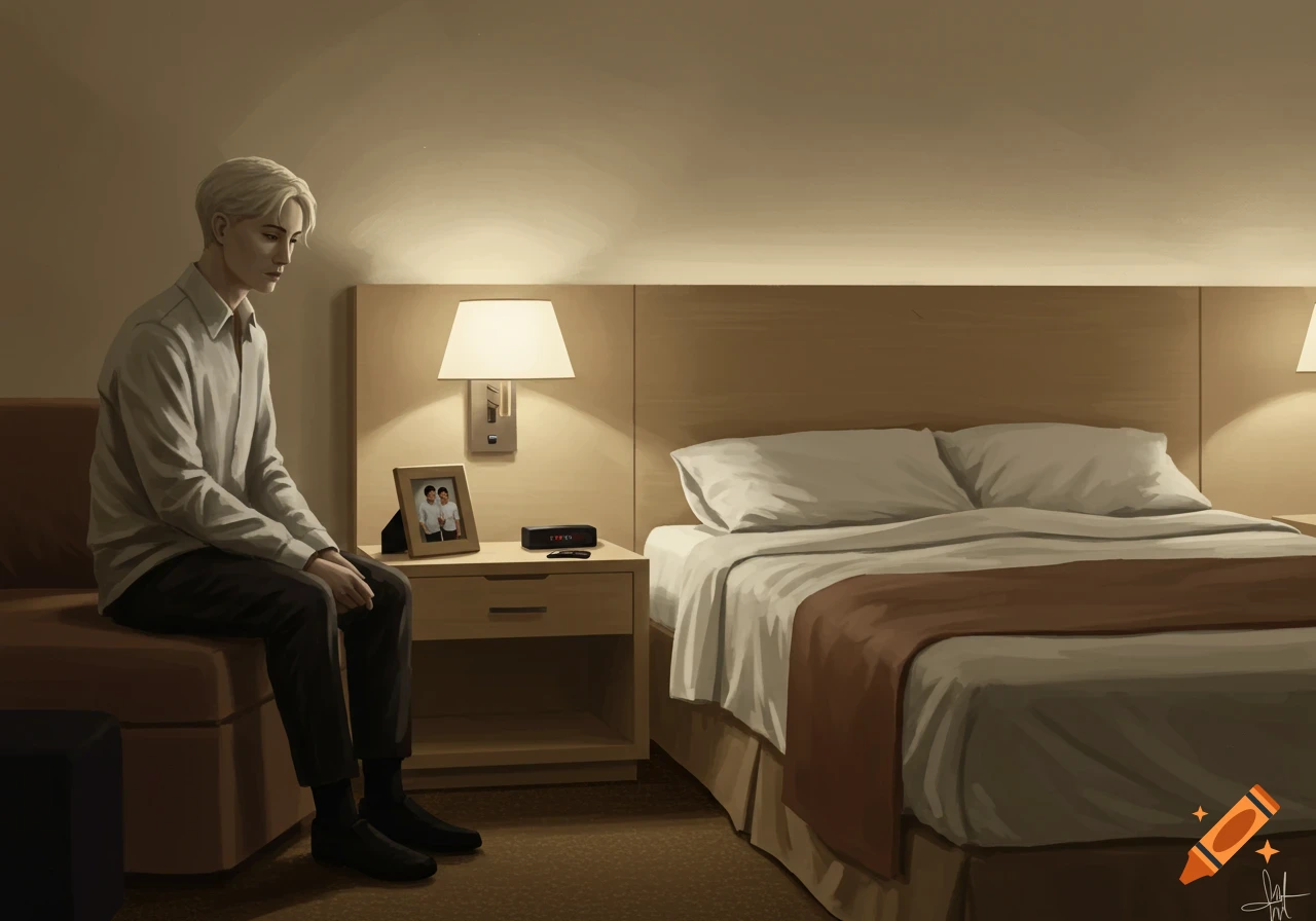 A man with blond hair sits alone on a couch in a dimly lit hotel room. A framed photo of two people is on the nightstand.