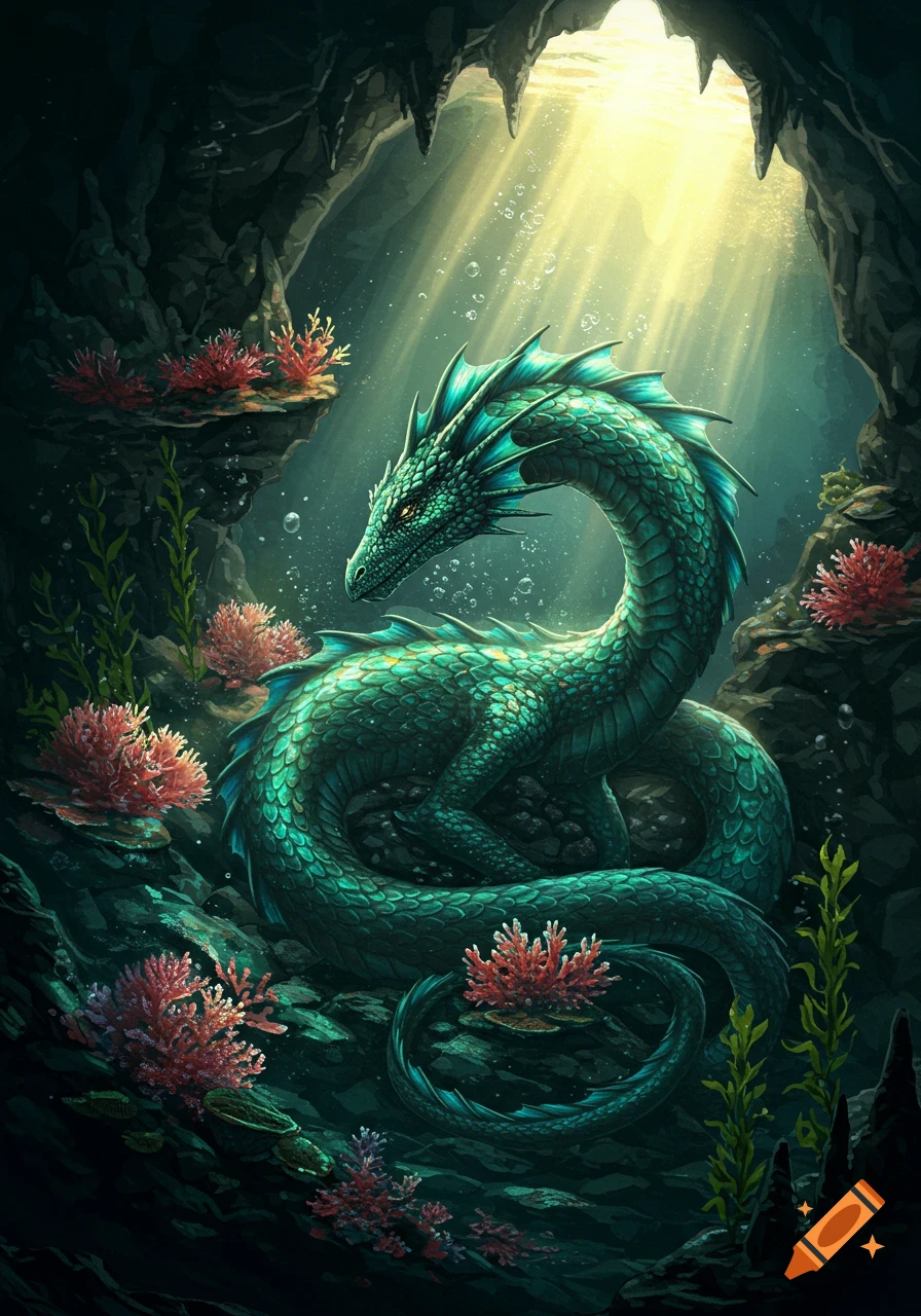 A teal-green dragon rests in an underwater cave, illuminated by sunbeams, surrounded by red coral.