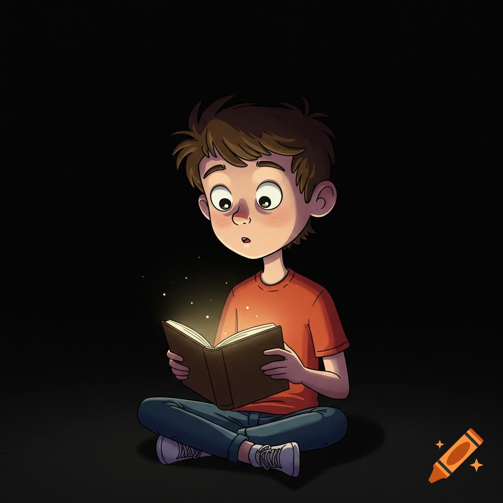 Cartoon boy sitting cross-legged, looking surprised while reading a glowing book in a dark setting.