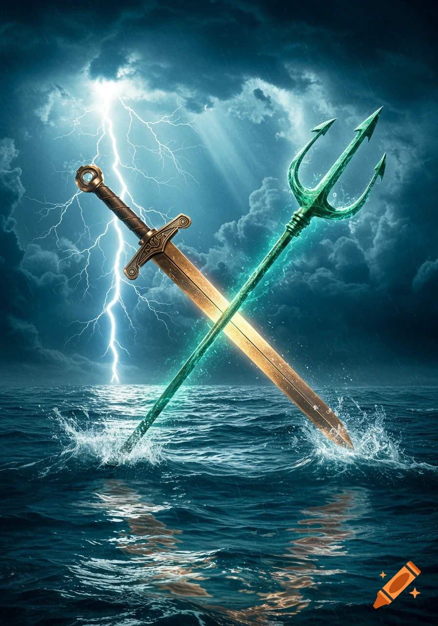 A golden sword and a glowing green trident cross each other, emerging from stormy ocean waves under a lightning-filled sky.