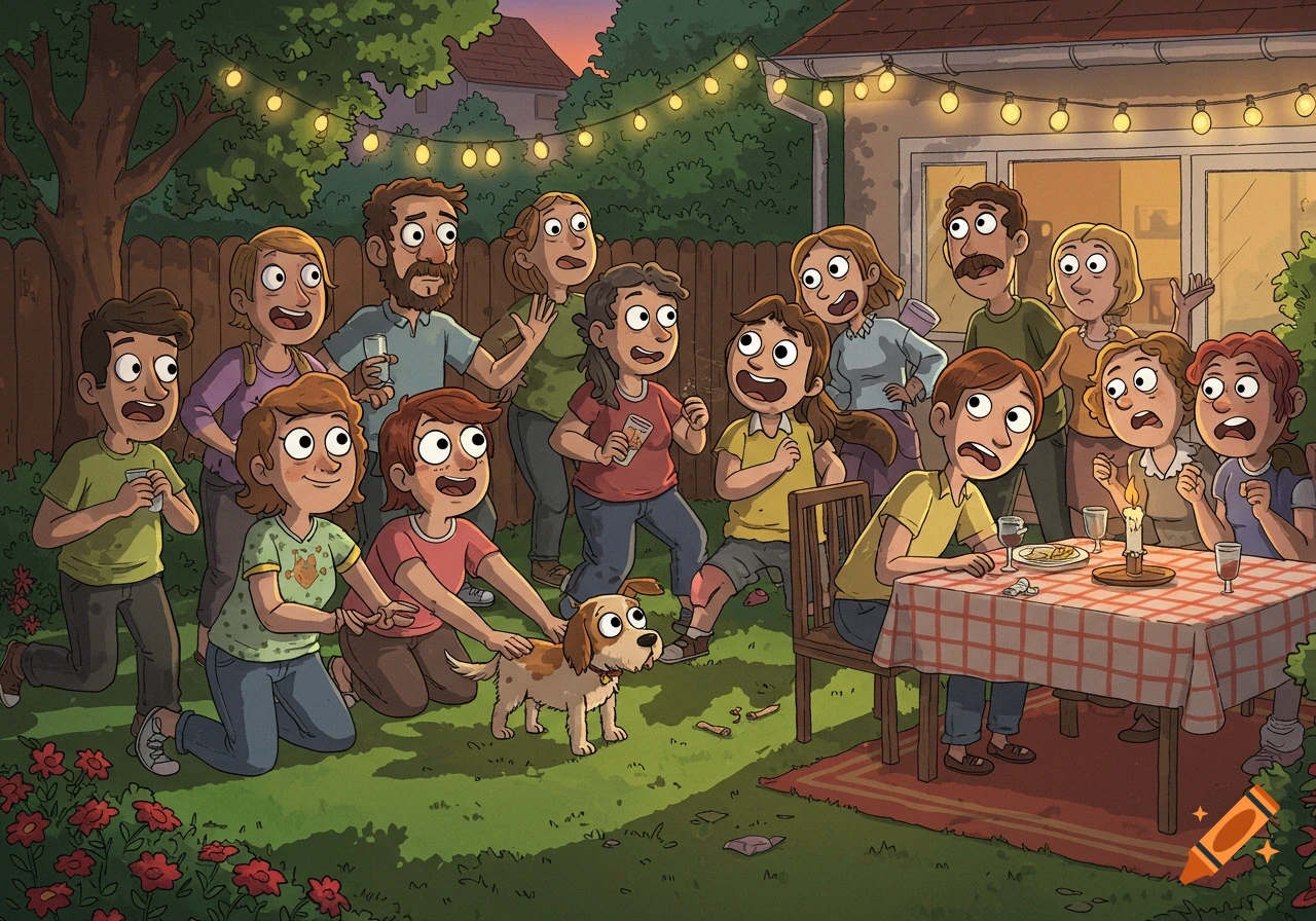 Cartoon of a family and friends gathered in a backyard at dusk, many people swooning over a dog, while two people try to eat at a table.