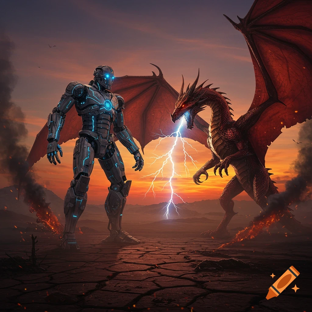 A futuristic robot with glowing blue lights confronts a red dragon emitting lightning in a desolate, cracked landscape at sunset.
