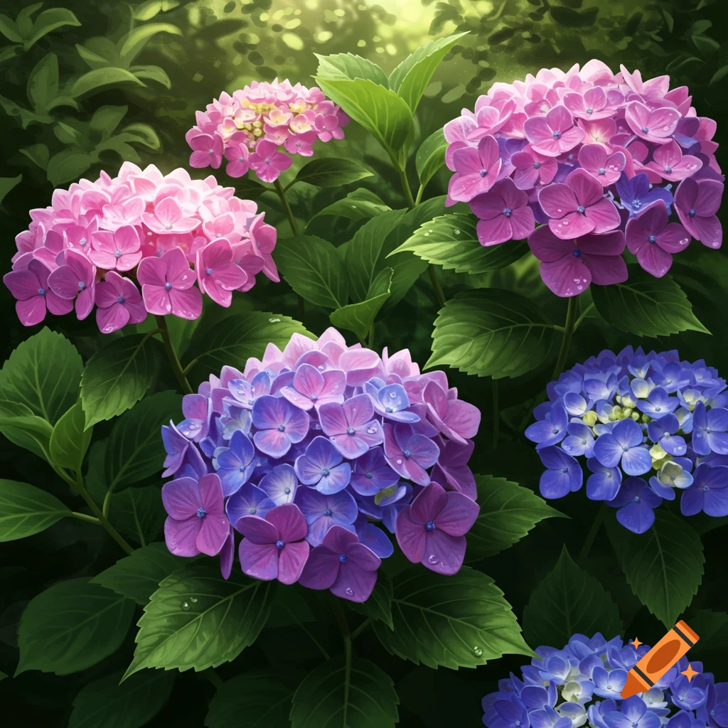 Close-up of vibrant pink, purple, and blue hydrangeas with green leaves and water droplets.