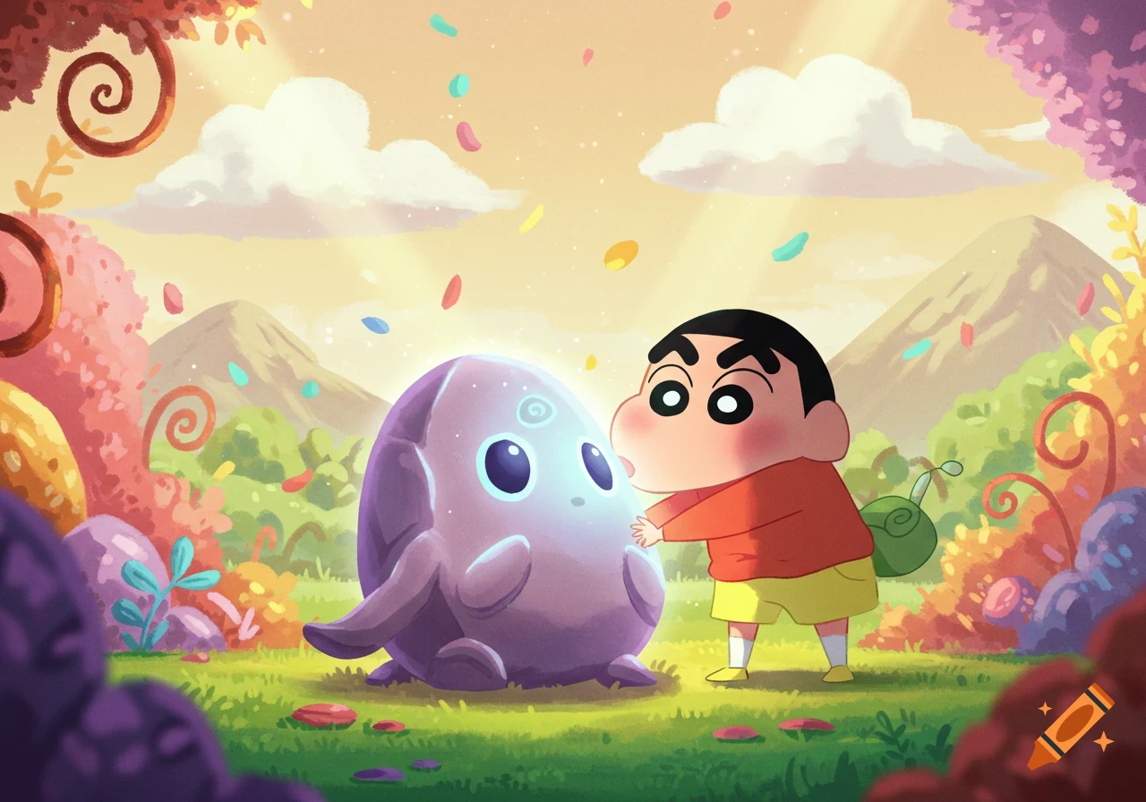 Shin-chan in a colorful, whimsical fantasy landscape, gently touching a glowing purple alien-like creature as colorful confetti falls.