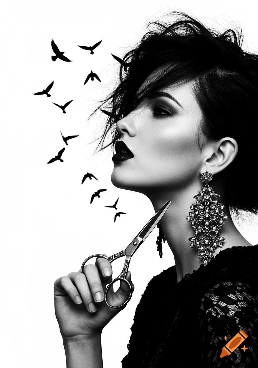 Black and white portrait of a woman with dark lipstick and disheveled hair holding scissors, with silhouetted birds flying.