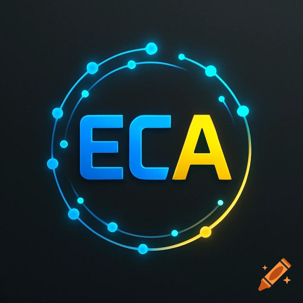 Digital logo with blue 'EC' and yellow 'A' inside a glowing blue and yellow circuit circle on a dark background.