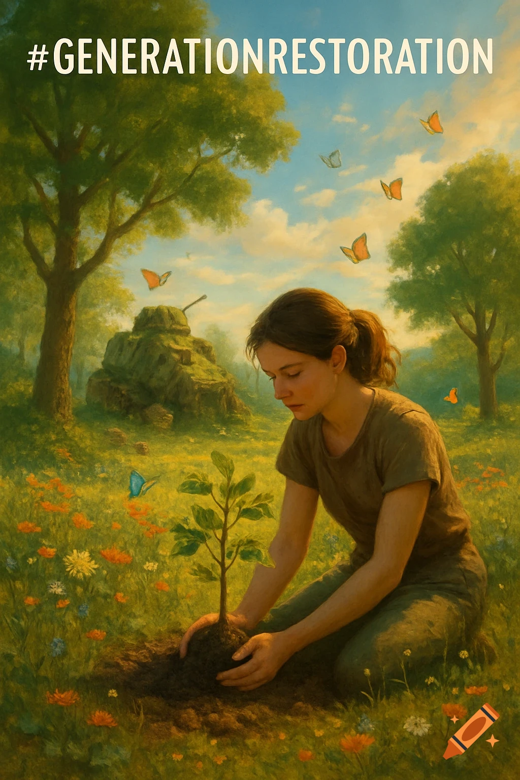 A woman plants a sapling in a lush, flower-filled field with trees and butterflies, as an overgrown tank rests in the background. Painterly style.