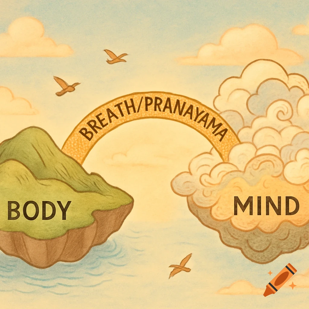 Conceptual illustration: Floating island 'BODY' and cloud 'MIND' connected by a 'BREATH/PRANAYAMA' bridge in a textured sky with birds.
