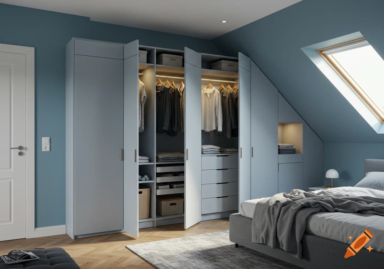 Photorealistic attic bedroom with blue walls, a bed, and a custom light-toned wardrobe built into the sloped wall.