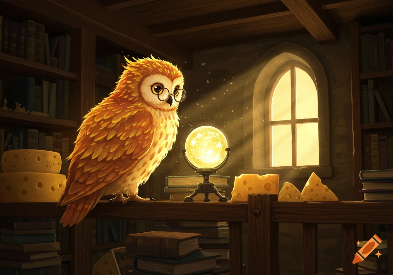 An orange and yellow owl with glasses sits on a wooden perch in a cozy library, gazing at a glowing orb amidst books and cheese wheels.