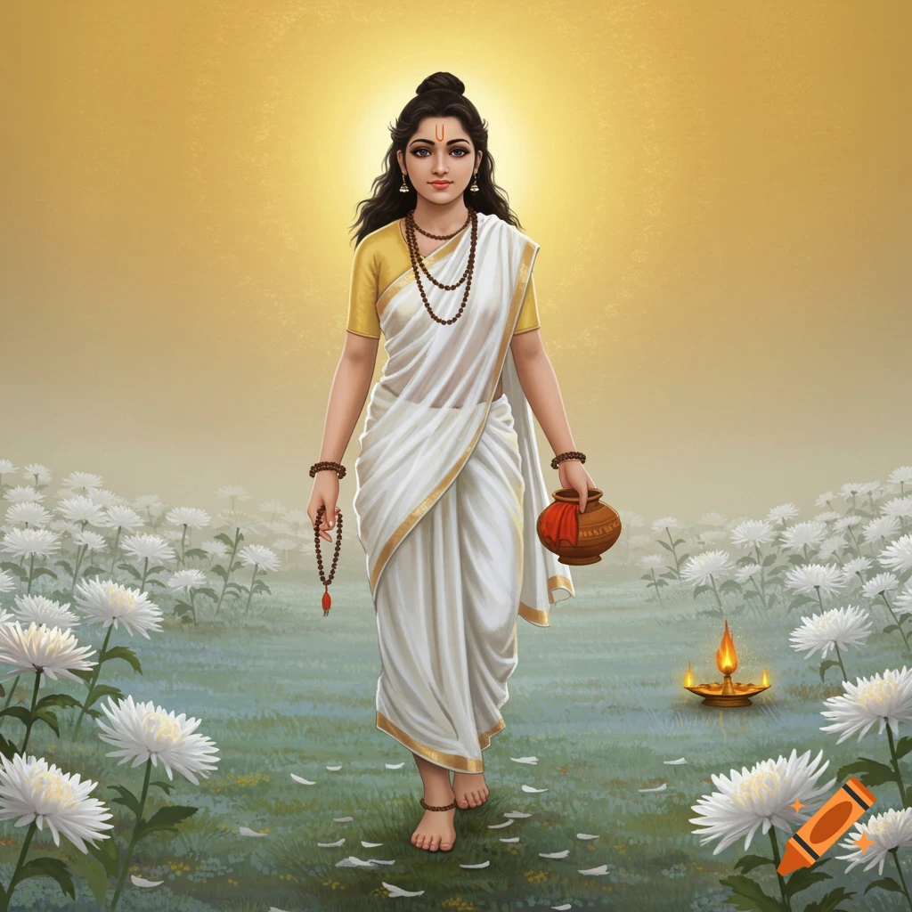 A goddess in a white and gold sari walks barefoot through a field of white chrysanthemums, holding a prayer beads and a pot.