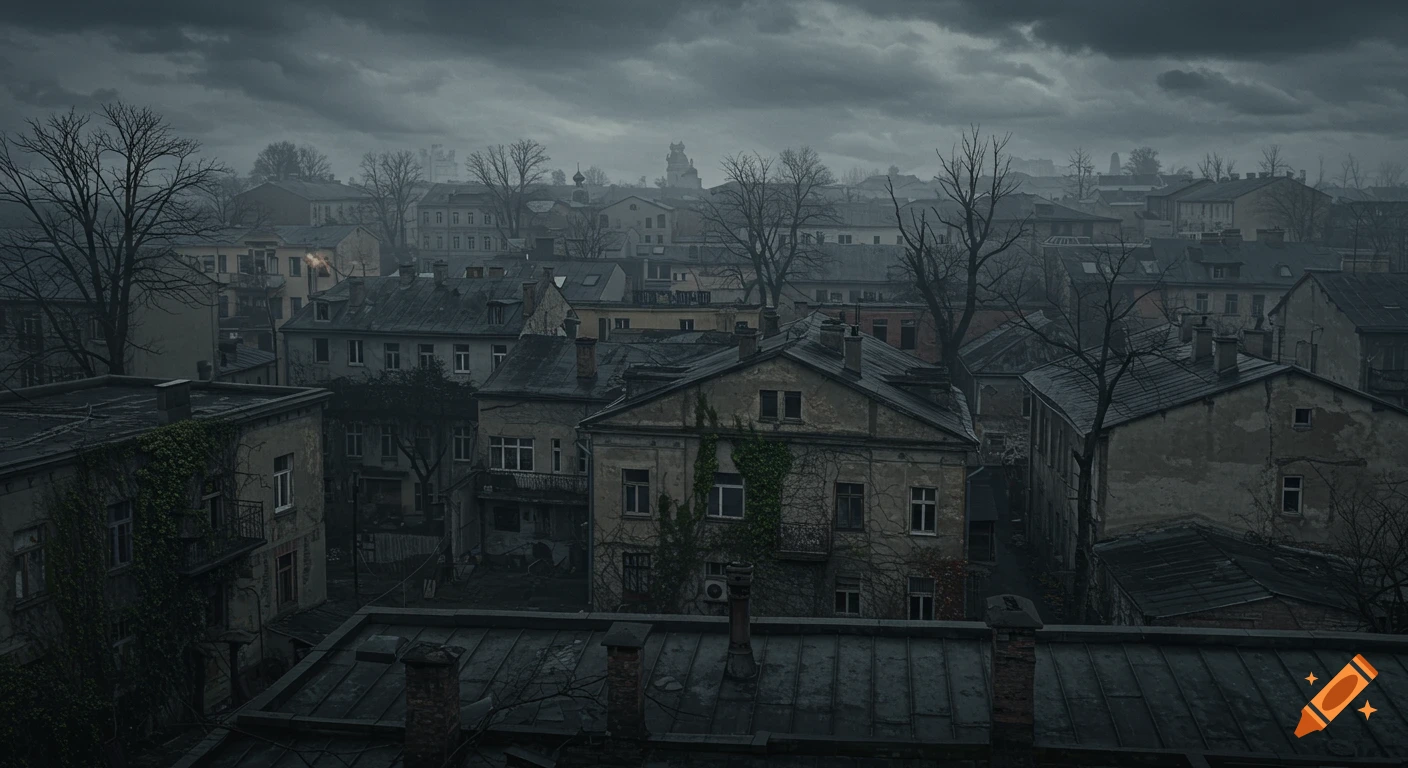 A panoramic view of an old, dilapidated European suburb under a gloomy, overcast sky.