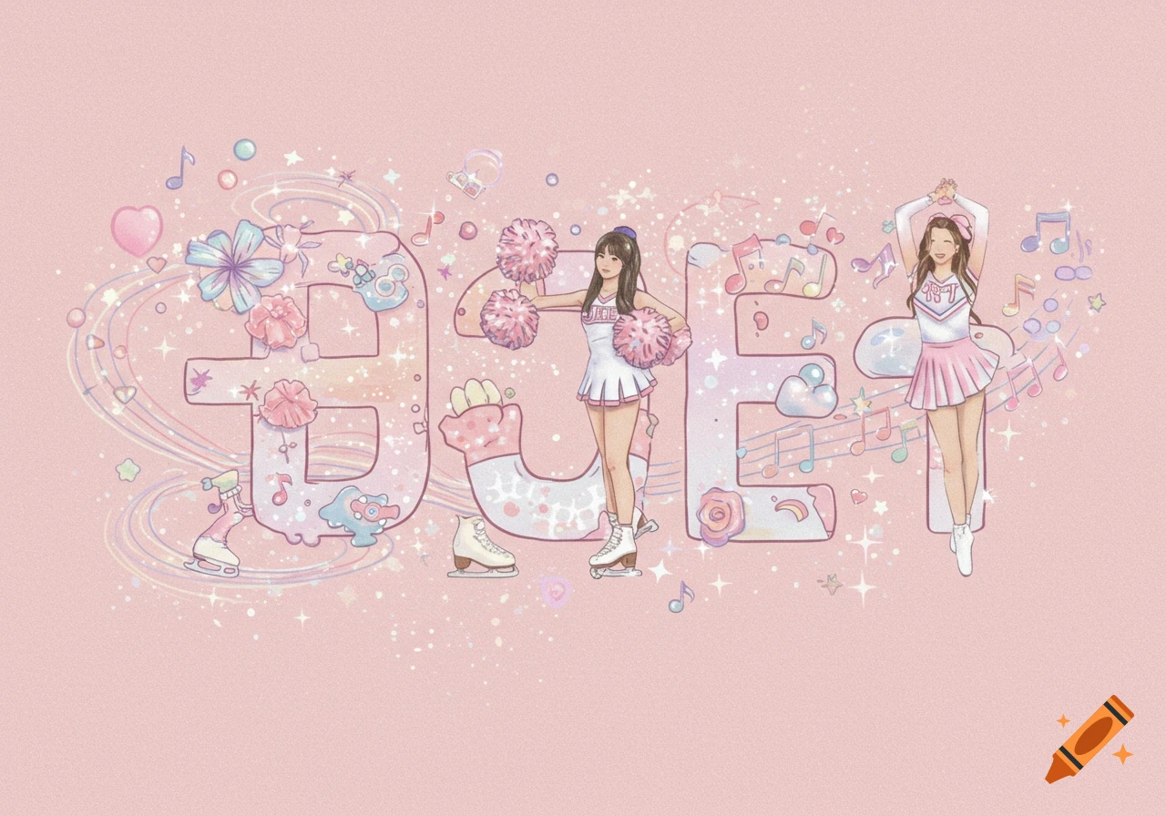 Pastel pink illustration of Korean letters ' 장유엘' decorated with two cheerleaders, ice skates, musical notes, and glitter.