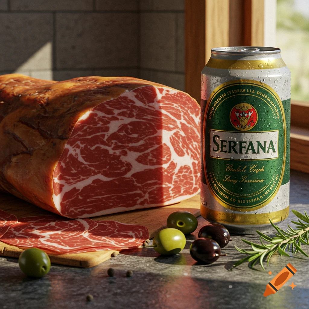 Serrano ham, sliced ham, olives, rosemary, and a sweating beer can on a sunlit countertop.