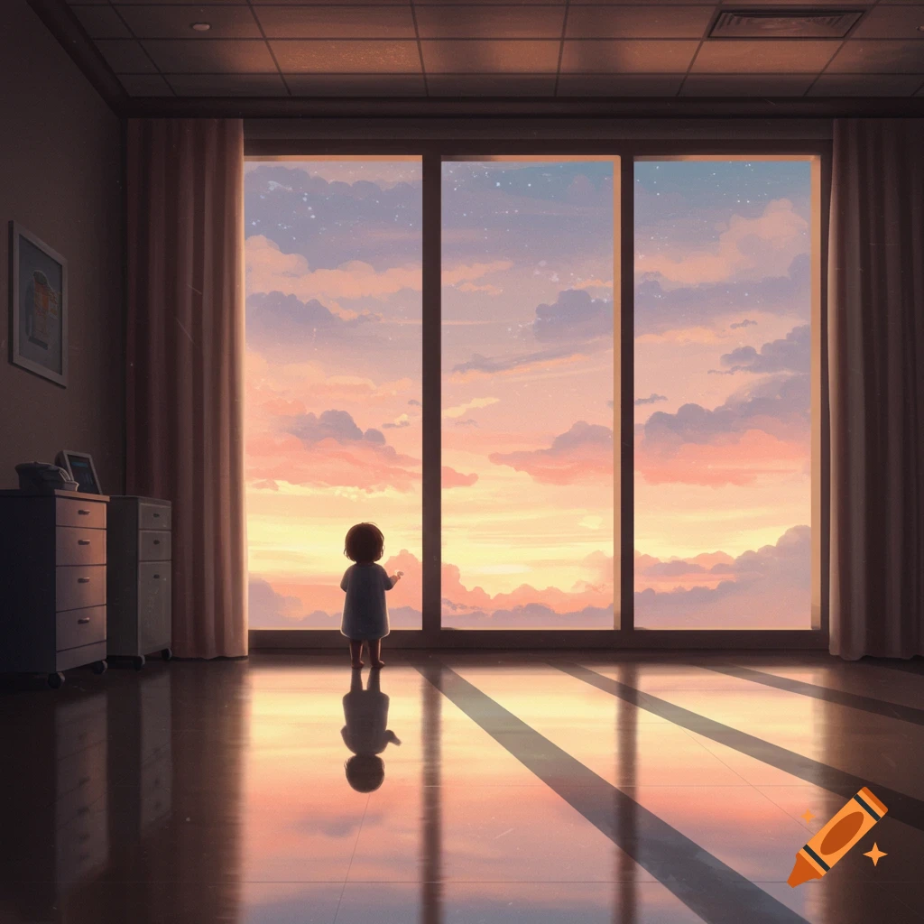 A small child in silhouette looks out a large hospital window at a dreamy, colorful sunset sky, rendered in an emotional art style.