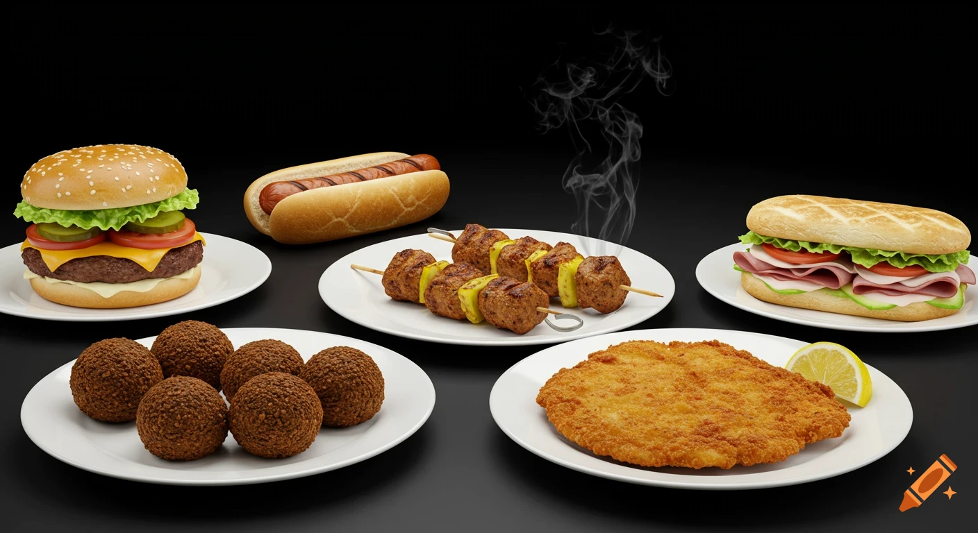 A photorealistic display of various foods including a hamburger, hot dog, schnitzel, falafel, kofta kebabs, and a deli sandwich on white plates.