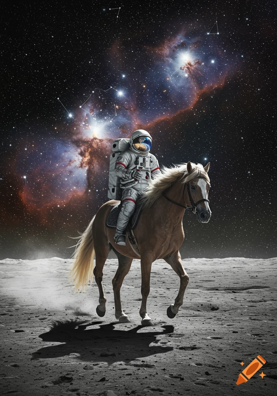 A photorealistic astronaut rides a horse on the moon, with a vibrant nebula and stars in the background.