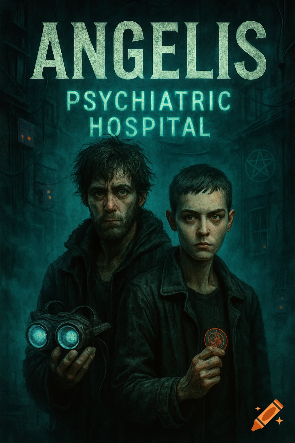 A dark, gritty book cover with two grim figures in front of a neon-lit 'Angelis Psychiatric Hospital', holding futuristic binoculars and a coin.
