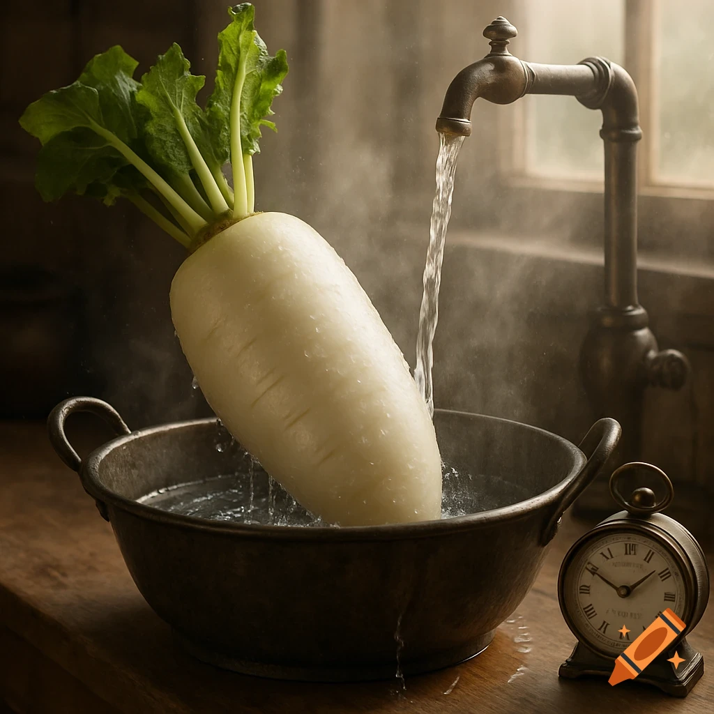 A large white radish is being washed by running water from a brass faucet in a metal basin on a wooden counter, with a small antique clock nearby.