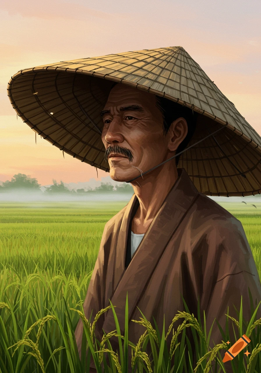 Digital painting of a man with a mustache and a rice hat, standing in a vibrant green rice field at sunset.