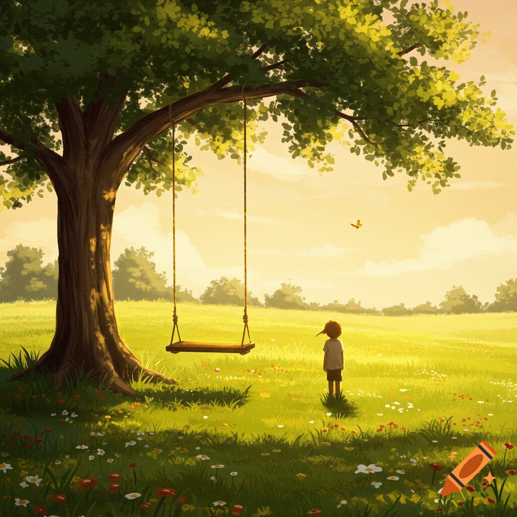An illustrated scene of a child standing in a sunny, green field, looking at an empty tree swing.