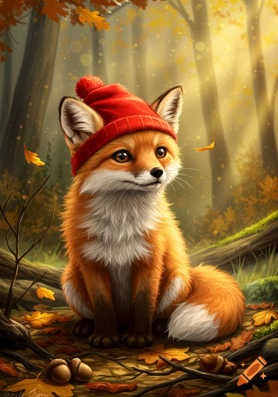 A cute fox wearing a red knitted hat sits in an autumn forest with fallen leaves and acorns, rendered in a detailed, illustrative style.