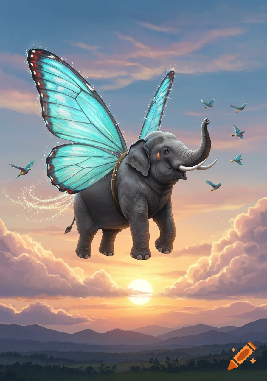 A large elephant with turquoise butterfly wings flies happily in a vibrant sunset sky with clouds and distant mountains.