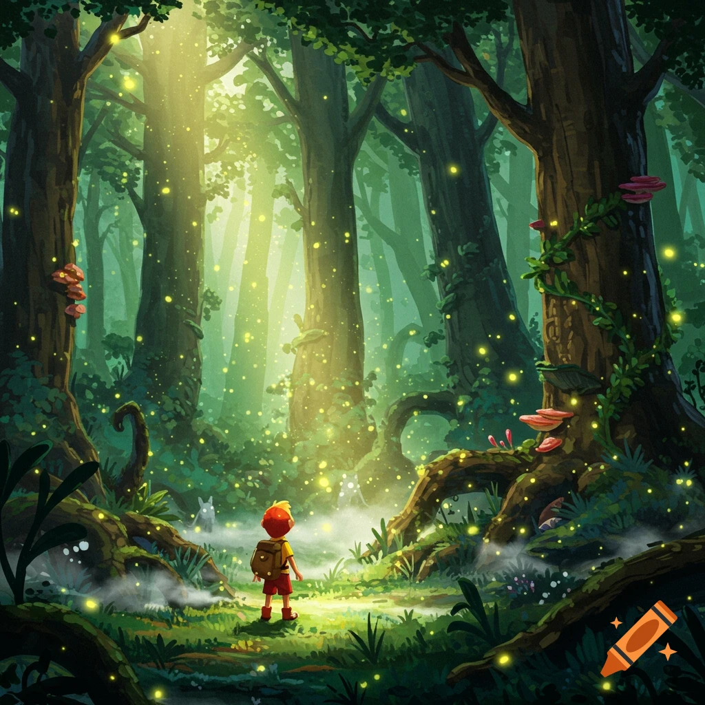 An illustrated scene of a child with a backpack looking into a magical forest illuminated by glowing fireflies and sunlight.