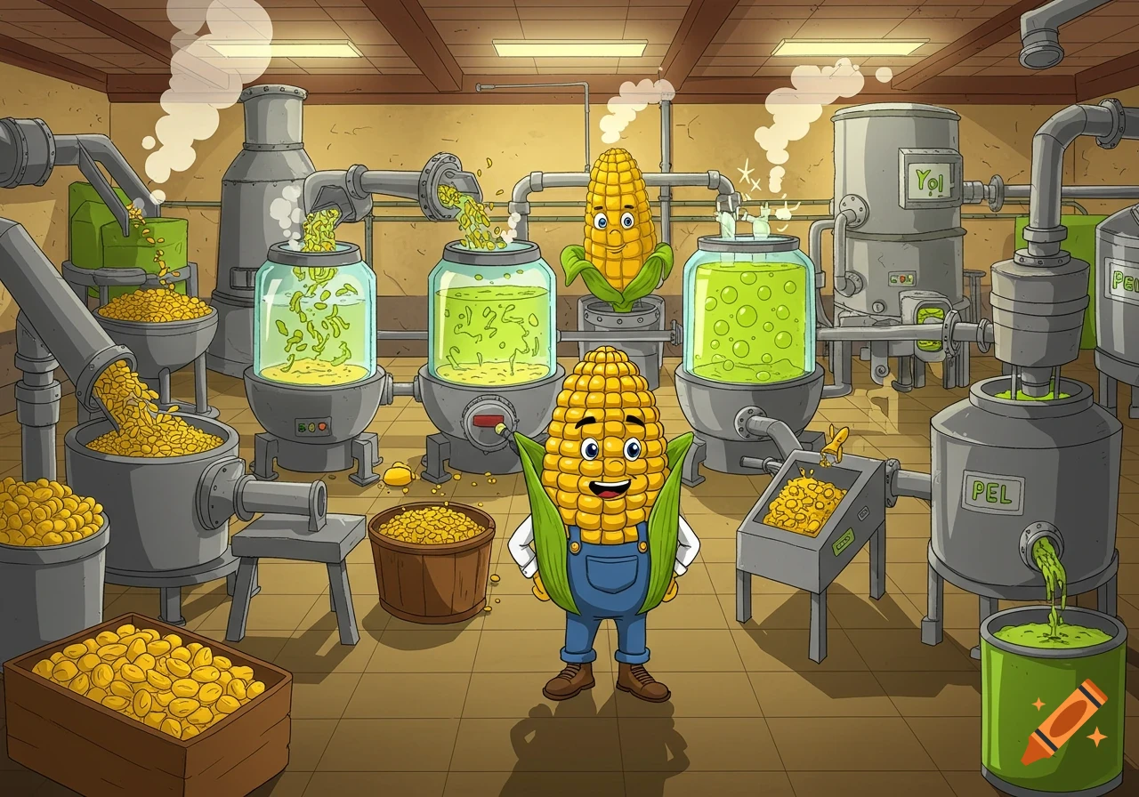 Cartoon of a corn ethanol factory with smiling corn characters and various machinery processing corn kernels into a green liquid.