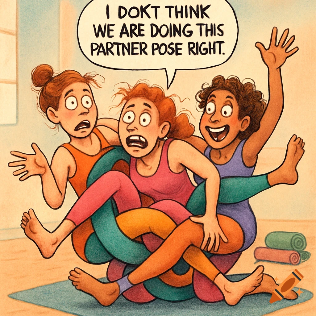 Comical cartoon illustration of three women attempting a partner yoga pose, tangled in an impossible knot on a mat.