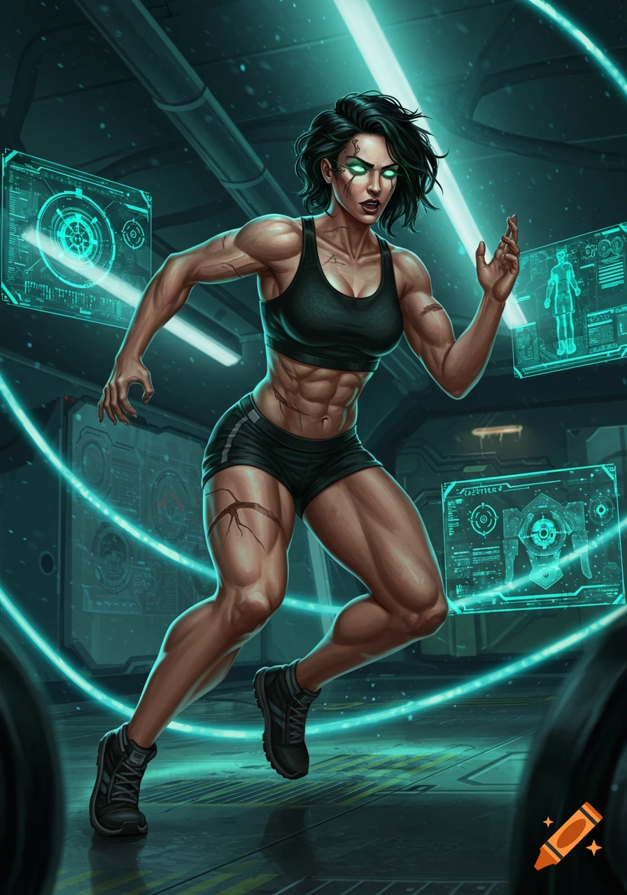 A muscular Celtic woman with glowing green eyes and dark hair runs in a futuristic training room with holographic screens, digital art.