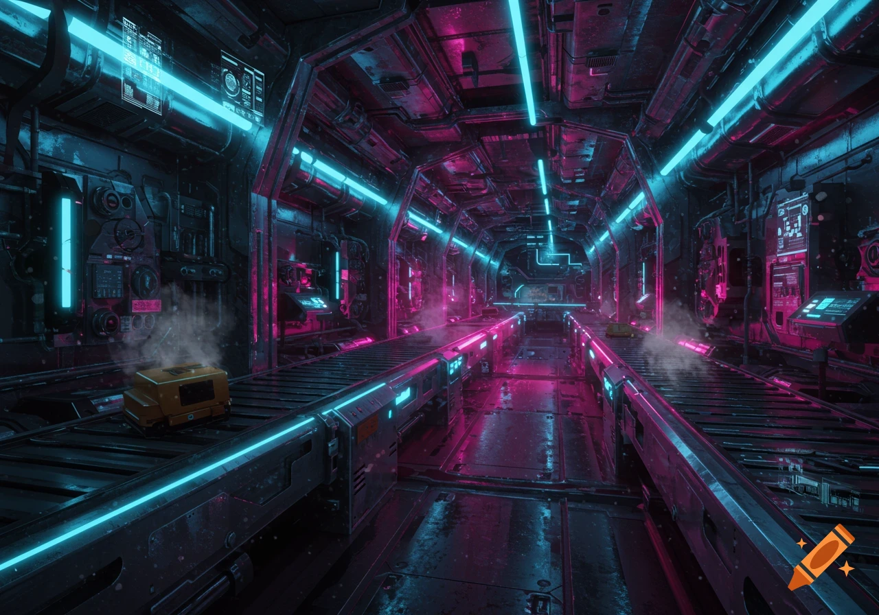 A dark, futuristic industrial corridor with bright pink and blue neon lights illuminating a long conveyor belt system.