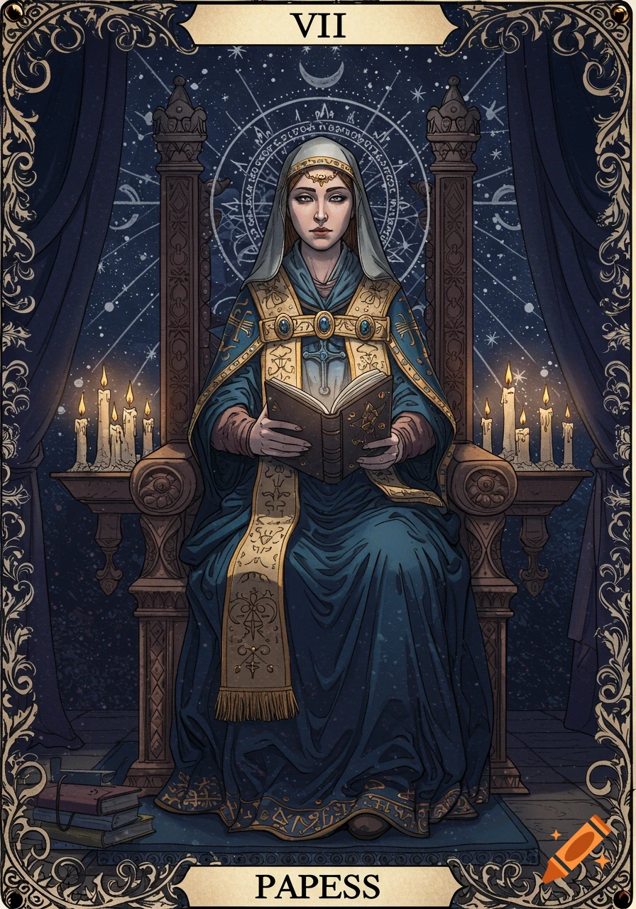 A medieval-style tarot card of The Papess (High Priestess) on a throne, holding a book, with candles and cosmic symbols.