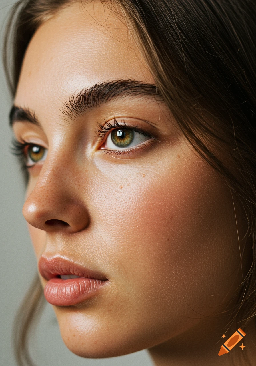 Close-up side profile of a young woman with brown hair, green eyes, and natural skin texture.