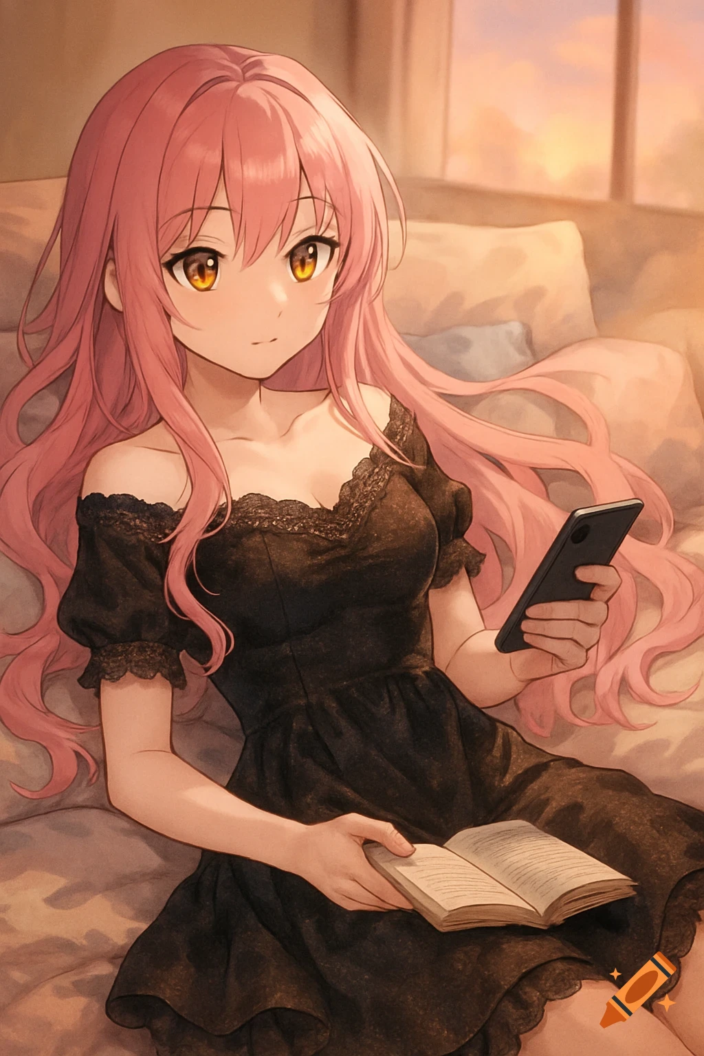 Anime girl with long pink hair and golden eyes wearing a black off-shoulder dress, lying on a bed while holding a phone and a book.
