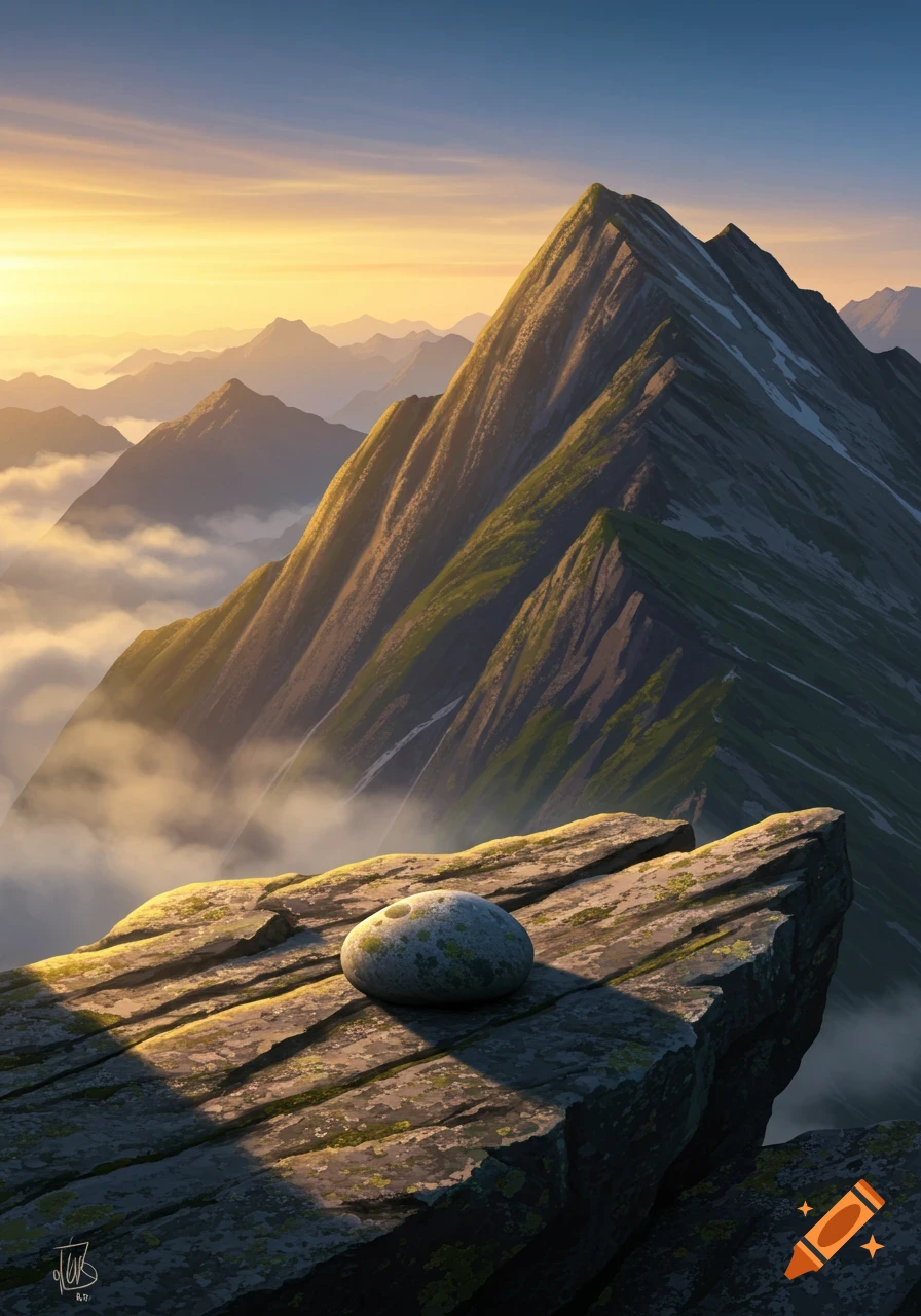 A pebble sits on a sunlit mountain ridge overlooking a valley filled with clouds at sunrise, with a clear sky above.