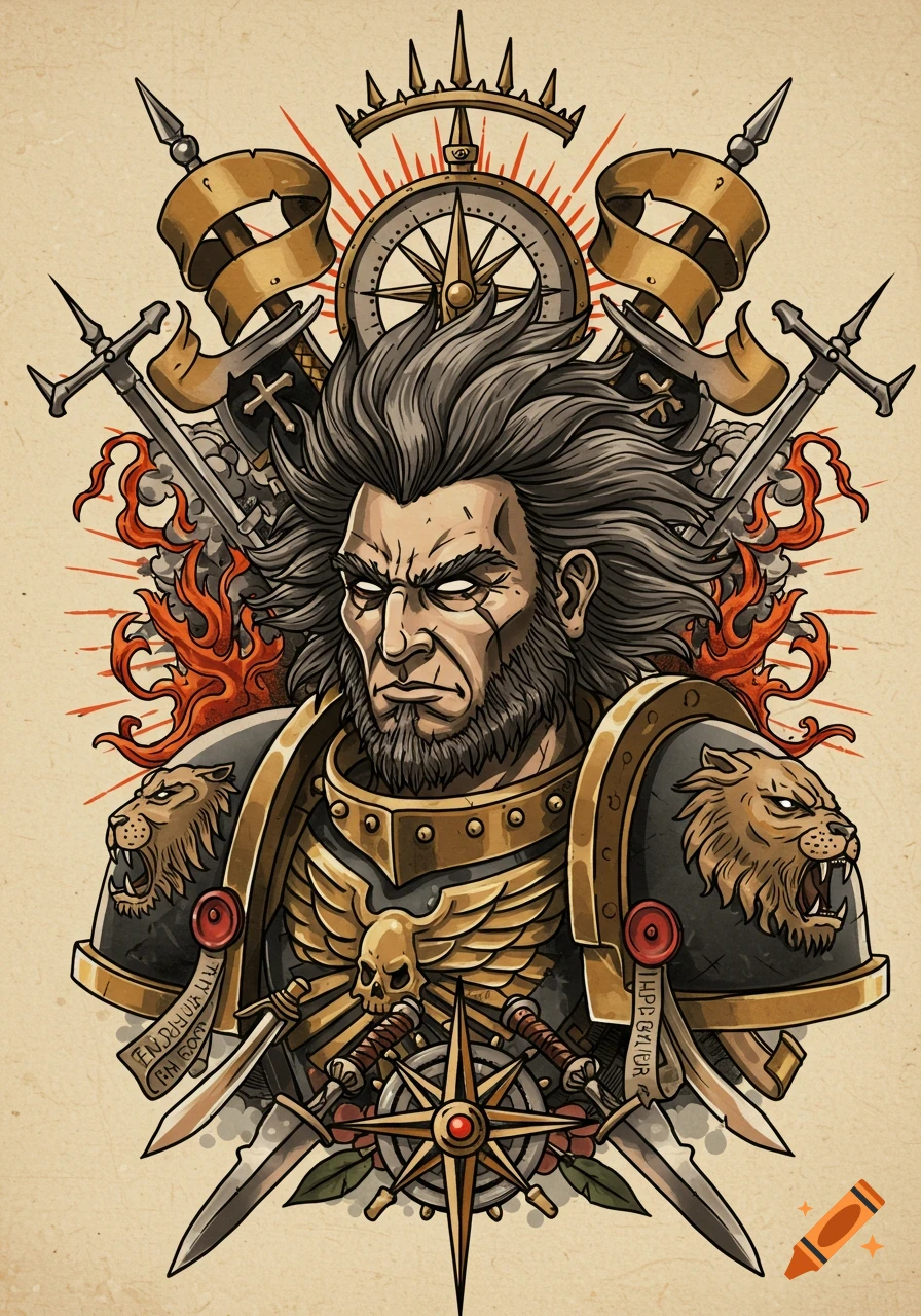 American traditional tattoo style illustration of a grim warrior, Lion El'Jonson, in armor with lion heads, swords, skull, and a compass.