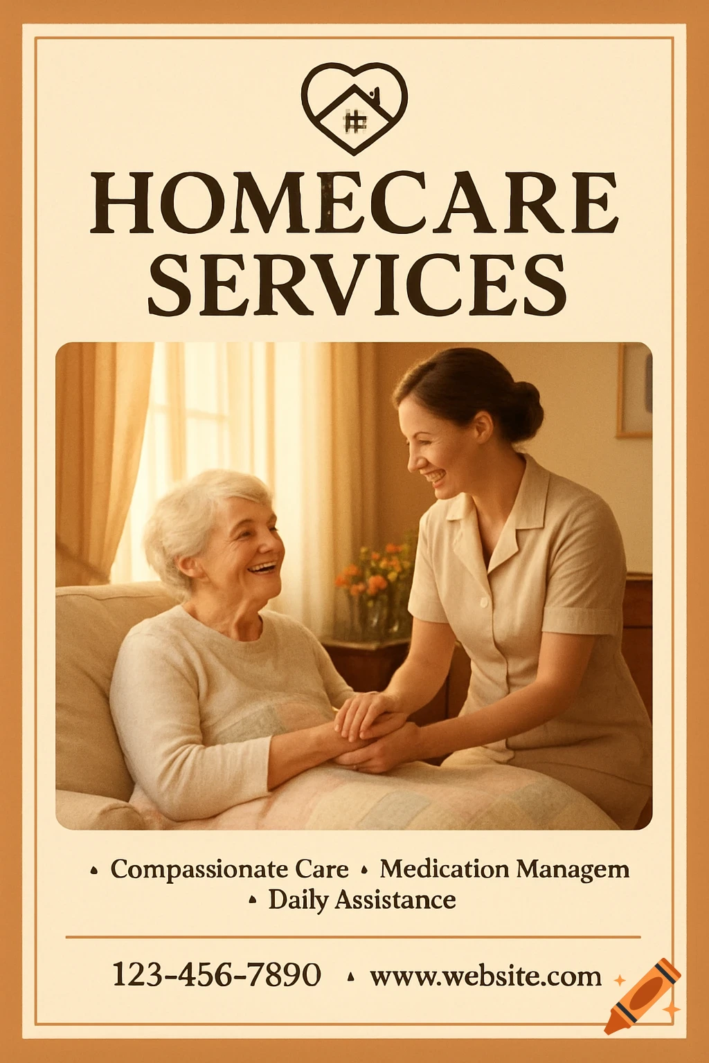 A vintage-style poster advertising homecare services features an elderly woman and a caregiver smiling and holding hands in a sunlit room.