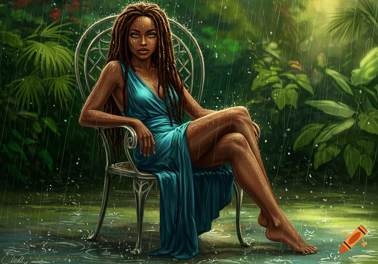 A dark-skinned woman with dreadlocks and green eyes sits in a chair in the rain, wearing a flowing blue dress amidst lush green foliage.
