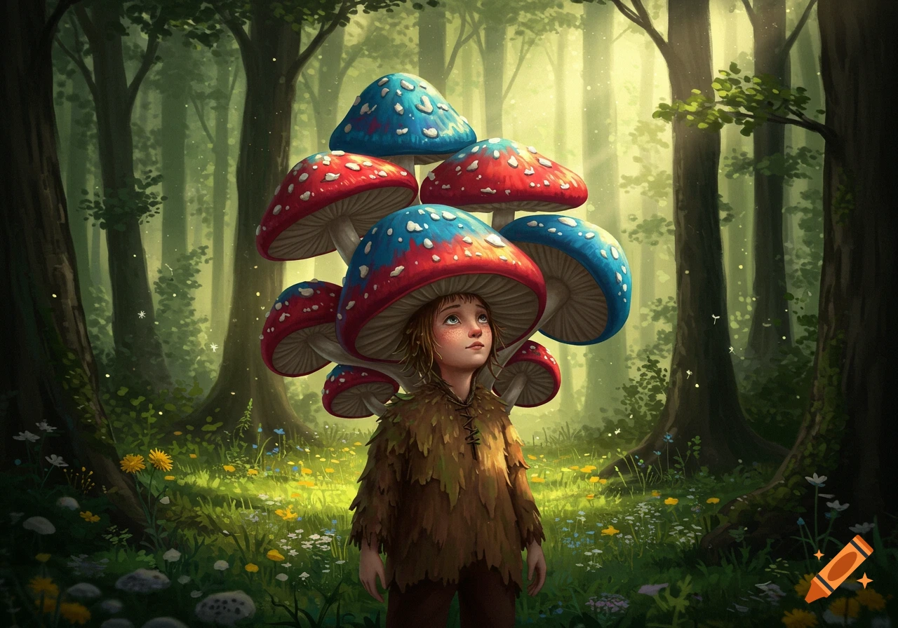 A whimsical child wearing stacked red and blue mushroom hats stands in a sun-dappled magical forest filled with wildflowers.