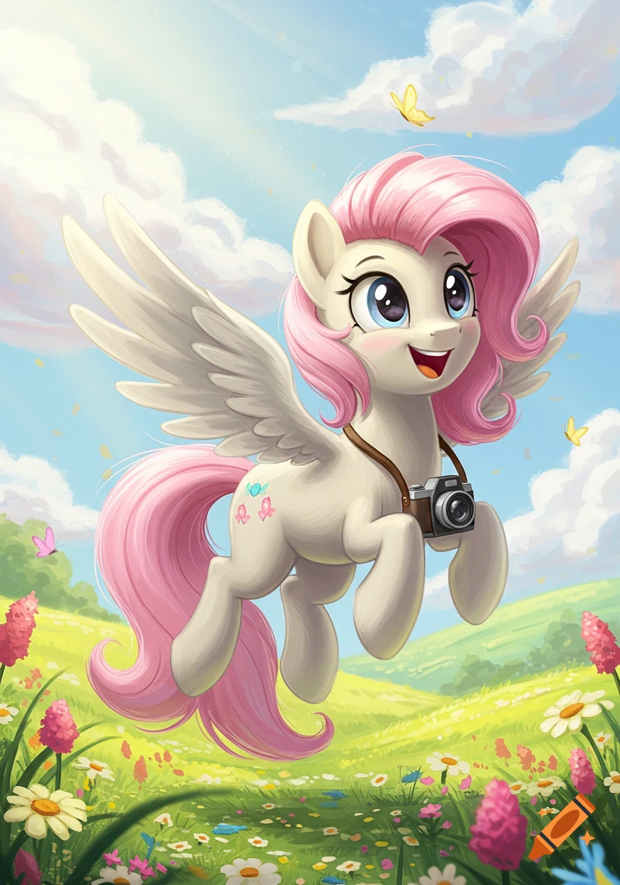 Happy cream-colored pegasus pony with pink mane and tail, wearing a camera, flying over a vibrant flower field.