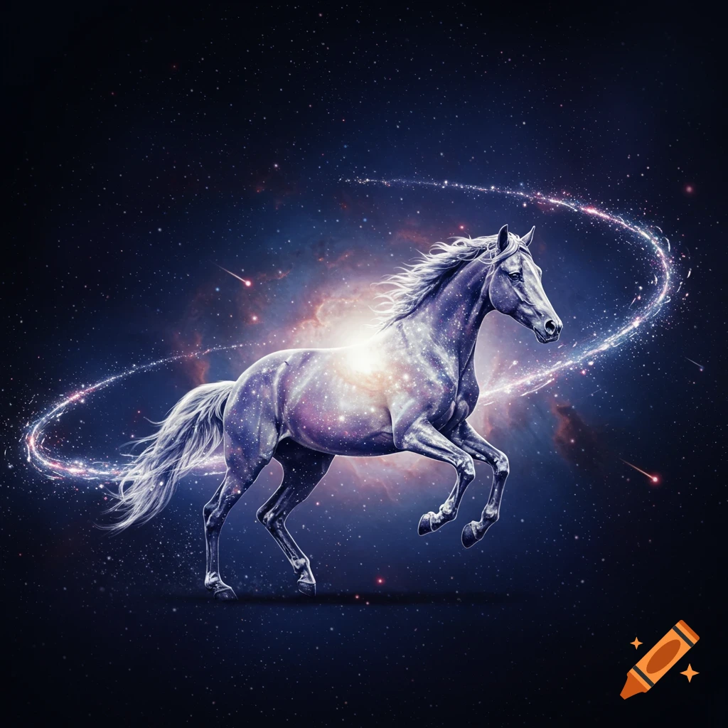 A majestic horse made of galaxy and glass gallops through a starry cosmic background with swirling light trails.