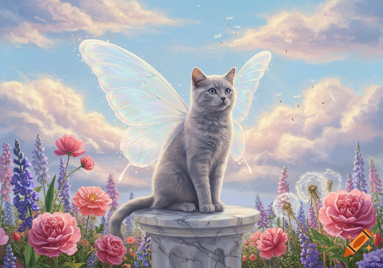 A gray cat with iridescent fairy wings sits on a white pedestal surrounded by pink and purple flowers under a cloud-filled sky.