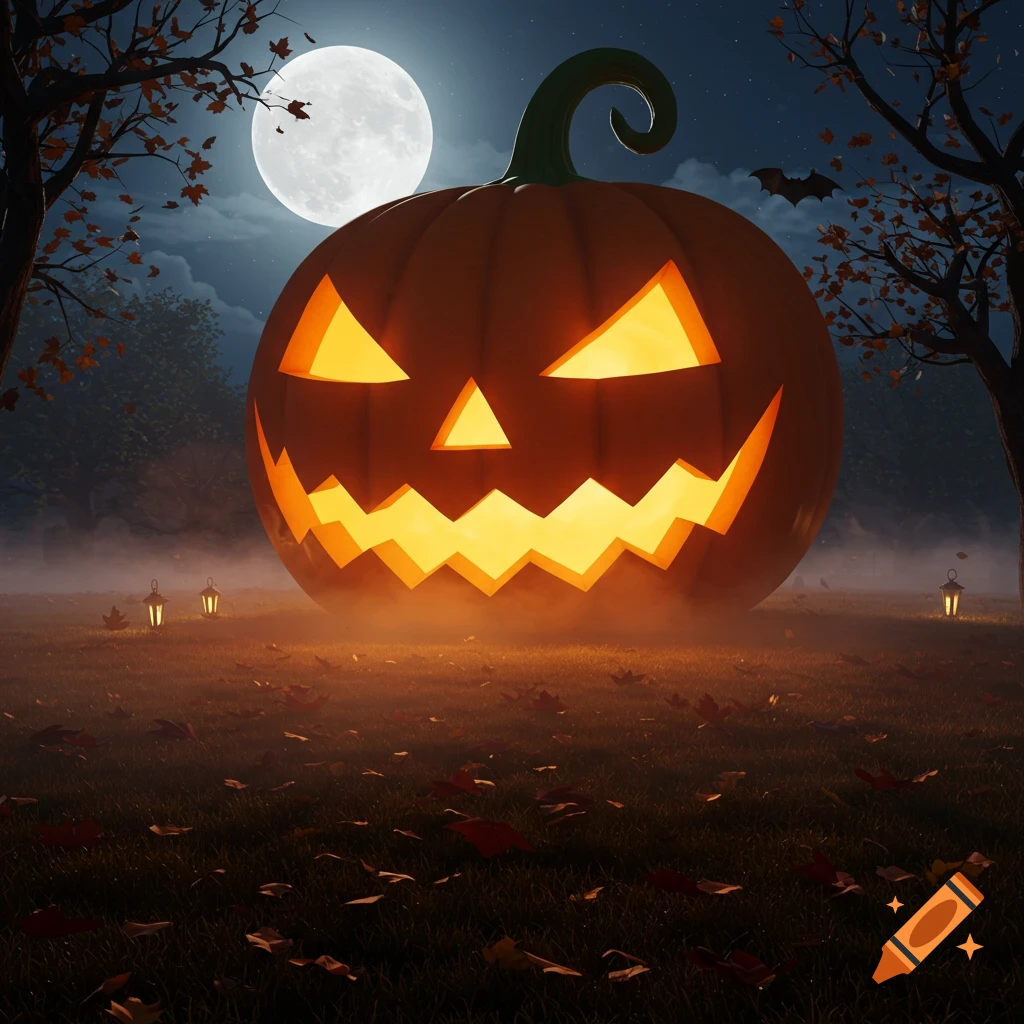 A giant, glowing jack o'lantern in a misty, dark forest at night under a full moon, with a bat flying overhead.