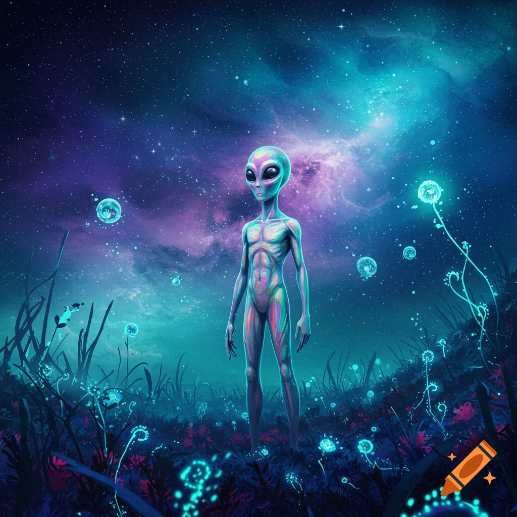 An alien with iridescent skin stands in a vibrant, glowing alien landscape under a starry, nebula-filled night sky.