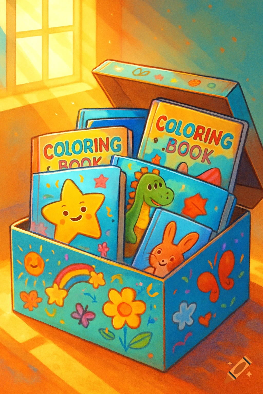 A vibrant illustration of a blue box filled with kids' coloring books featuring cartoon stars, dinosaurs, and rabbits.