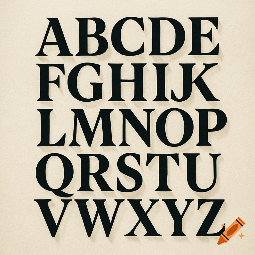 Black uppercase English alphabet with serif letters casting shadows on a light background.